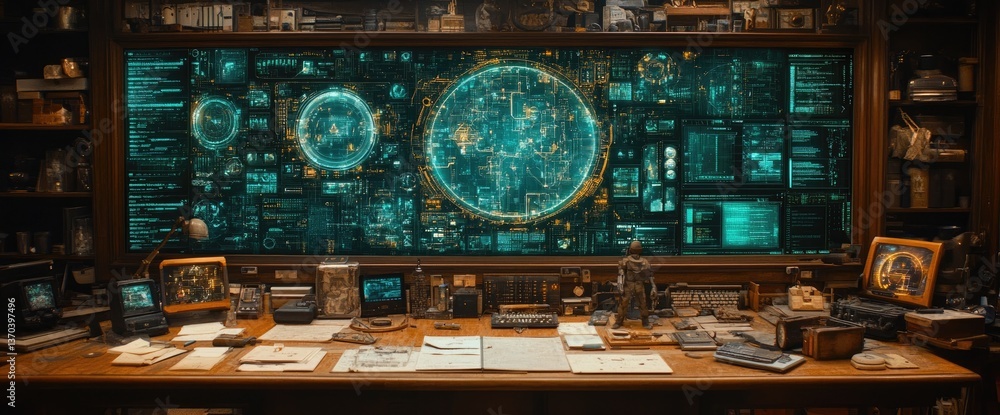 Poster an elaborate desk setup displays a digital interface inside a study-like room