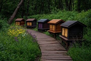 A row of beehives in a rural farm, with bees buzzing around vibrant wildflowers