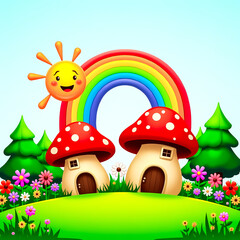 Fototapeta premium two charming mushroom houses nestled in a vibrant landscape under a cheerful rainbow and smiling sun