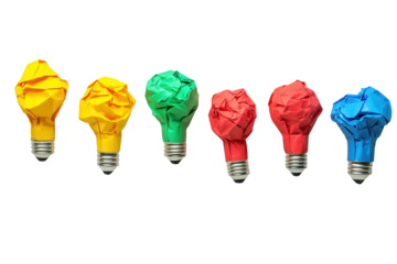 Creative Sparks: A vibrant collection of colorful, crumpled paper bulbs illuminates the innovative and the idea generation, symbolizing the birth of unique ideas and the potential for bright thinking.