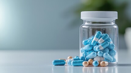A clear jar filled with colorful pills arranged artfully against a light backdrop, symbolizing the access and diversity of modern medicine for improved health and wellness.