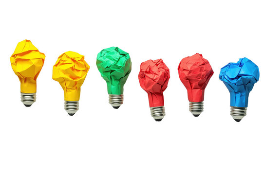 Creative Sparks: A vibrant collection of colorful, crumpled paper bulbs illuminates the innovative and the idea generation, symbolizing the birth of unique ideas and the potential for bright thinking.