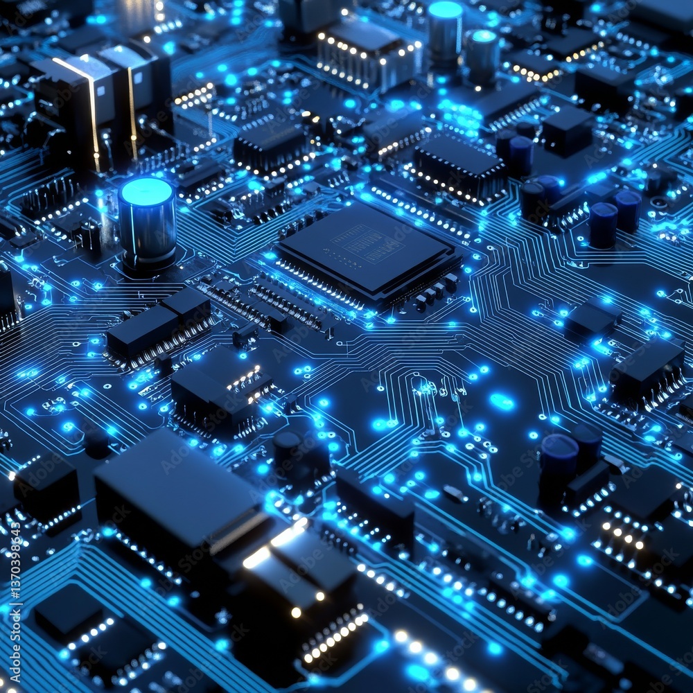 Fototapete Advanced Blue Circuit Board: Electronic Microchip Technology with Glowing Lights and Intricate Network Design