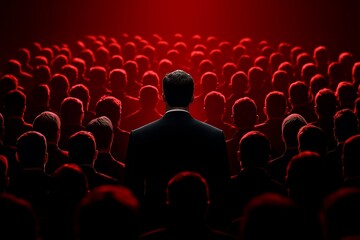 Red Figure Under Spotlight Among Black Silhouettes Highlighting Insider Threats, Cybersecurity Risk Concept, Data Breach Awareness, Workplace Security, Information Protection, Digital Danger