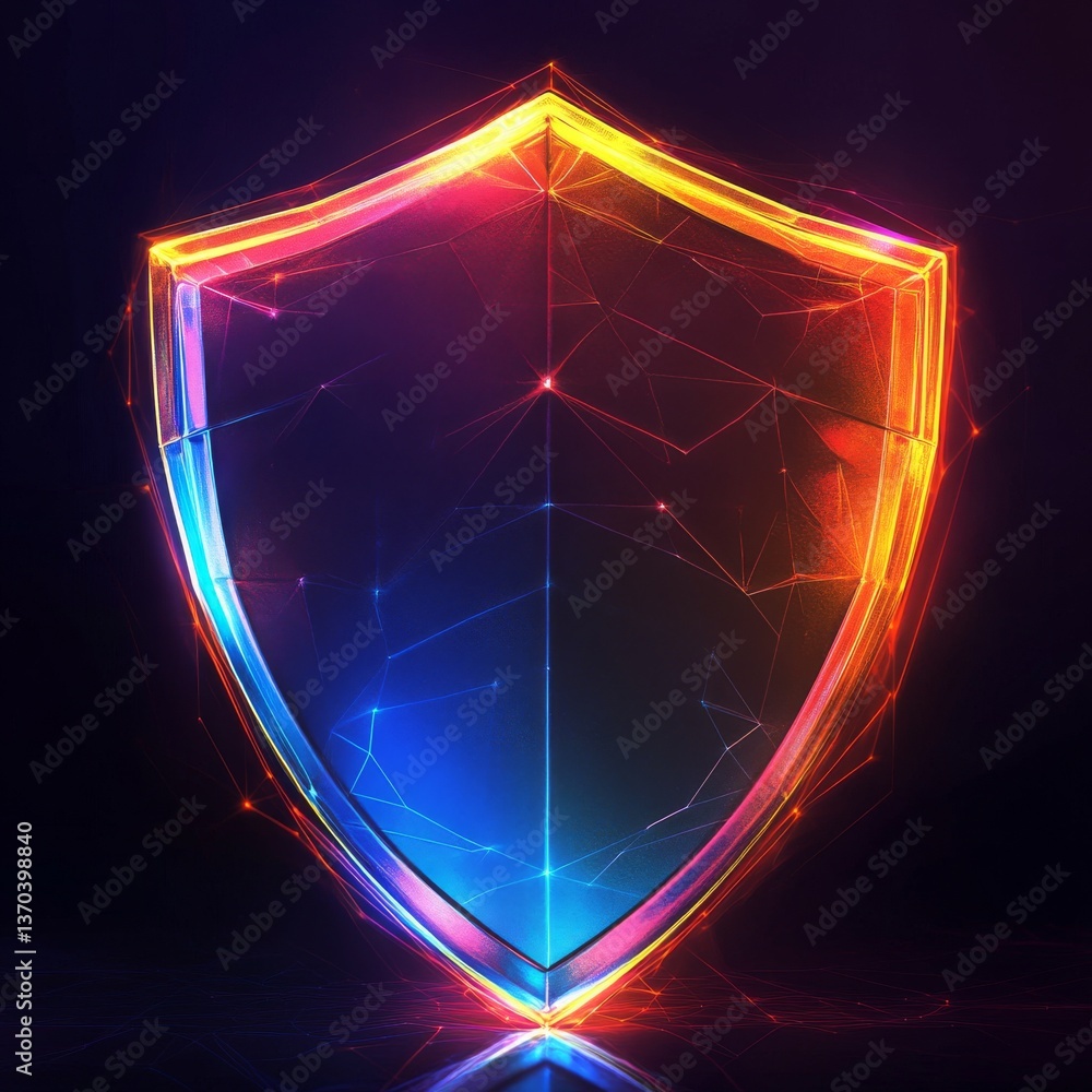 Poster cyber shield: digital protection, data security, and network defense with neon glow and abstract lin