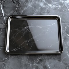 Elegant Chrome Serving Tray on Dark Marble Surface, Minimalist Style and Modern Design.