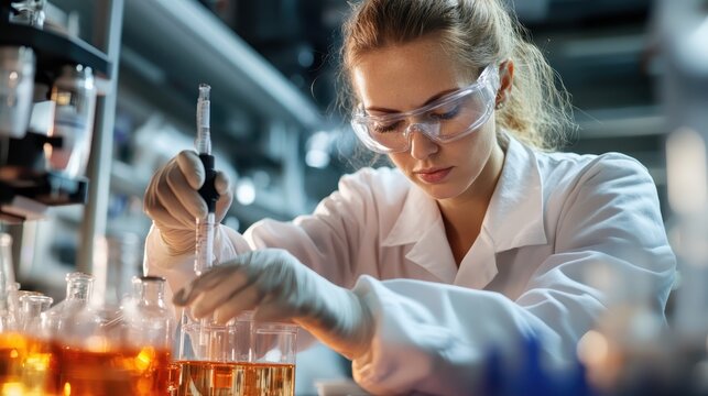 In this engaging image, a female scientist meticulously conducts a chemical experiment, highlighting dedication and the intricate nature of laboratory work with vivid colored solutions.