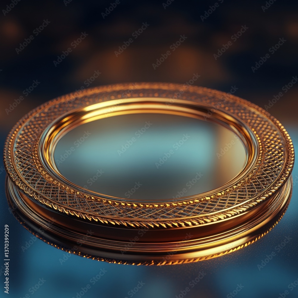Poster elegant gilded circle: a study in opulence and detailed golden weave on a deep blue reflective surfa