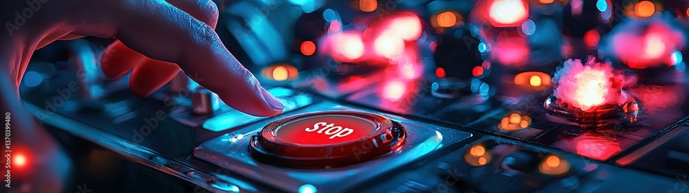 Aufkleber ghostly hand pressing stop button on control panel with vibrant lights and details capturing the ess
