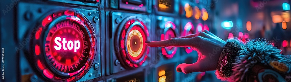 Poster ghostly hand pressing stop button on control panel with futuristic red and blue lights in a dimly li