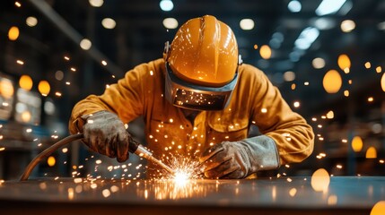 A welder, clad in proper gear, concentrates on metalworking, generating vibrant sparks amid shadows, capturing a moment of creativity and industrial artistry in action.
