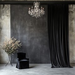 luxurious empty room with dark gray walls and chandelier spotlight on wooden floor luxurious empty room with dark gray walls and chandelier in baroque style luxurious empty room with dark gray walls 