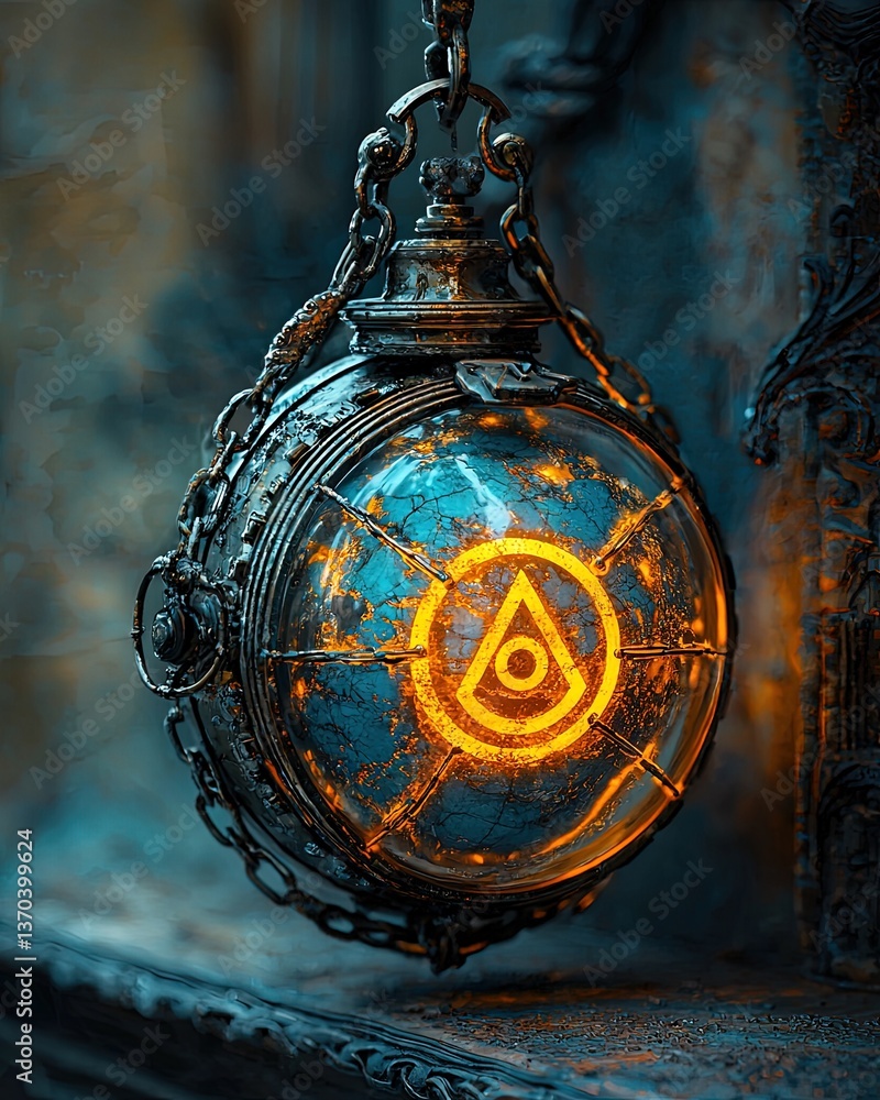 Poster fractured globe held together by chains illuminated with radiant symbol and glow in dark environment