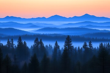 Serene Blue Mountains Misty Sunrise Landscape Peaceful Nature Scenery Tranquil Forest View Breathtaking Panorama Majestic Peaks Distant