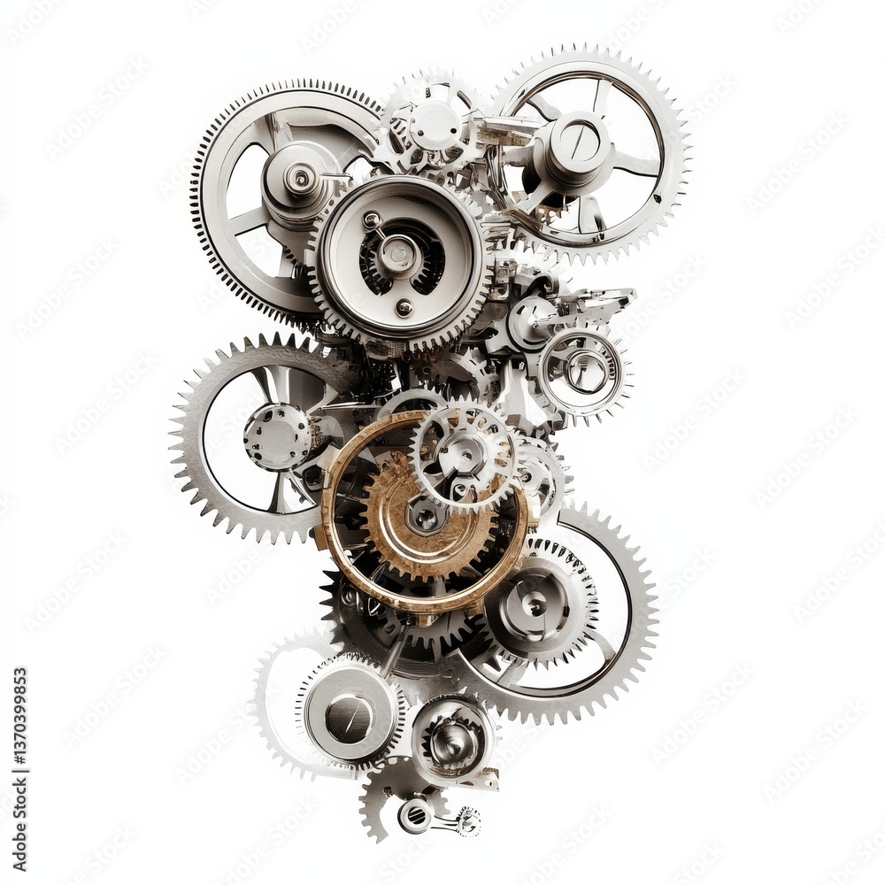 Poster intricate interlocking gears: a symphony of motion and engineering on a clean white background