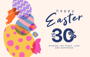 illustration of easter day concept,  card and background, cartoon and character, bunny or rabbit with flowers and egg, promotion and sale