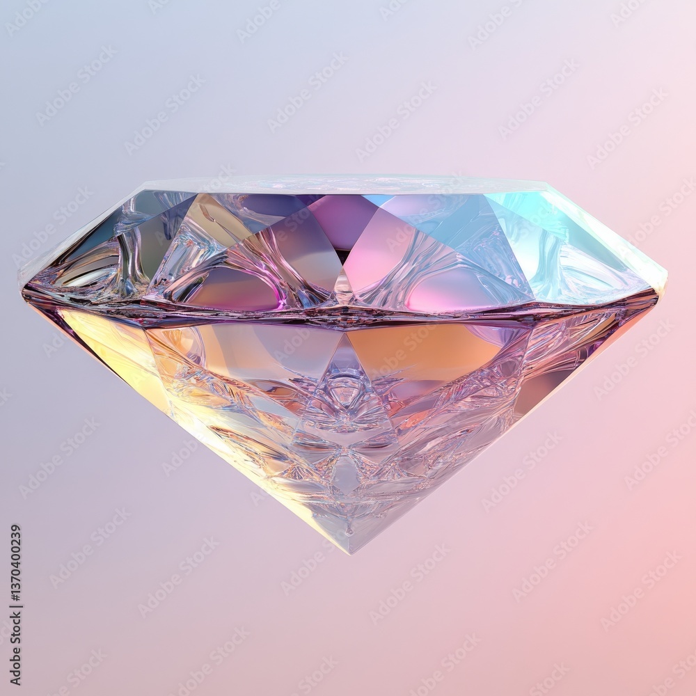 Poster radiant facets: abstract diamond with iridescent reflections on a soft pastel background
