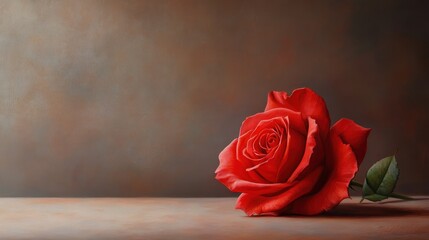 A captivating red rose lying gently on a smooth neutral surface, enhanced by artistic shadows that evoke deep emotion and celebrate the beauty of nature in still life photography.