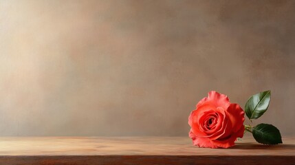 This beautiful image features a vibrant red rose placed delicately on a rustic table with a soft background, highlighting its elegance and stunning colors within a serene composition.