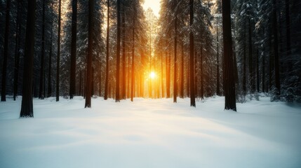 A captivating winter forest scene illuminated by a warm, glowing sunset. The tranquil snow-covered ground reflects the beautiful hues of nature's evening canvas.