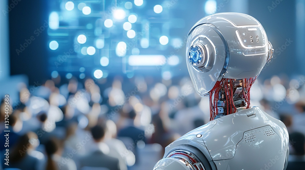 Poster ai robot with conference and education concept. robot attends technology conference in modern settin