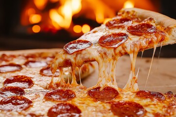 Close-Up of Pizza Slice with Gooey Cheese Stretching, Pepperoni, Wood-Fired Crust, Steam Rising, and Warm Lighting, Commercial Food Photography