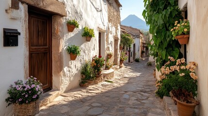 Naklejka premium A charming cobblestone street lined with colorful flower pots, leading to a stunning mountain view, showcasing the beauty of rural architecture and vibrant nature.