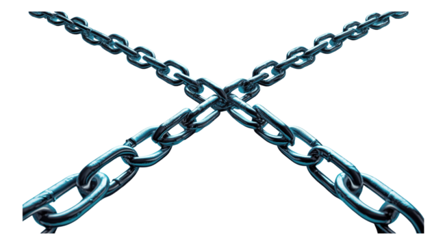 Chains Intersecting: Two sturdy metal chains, their links intertwined, forming a powerful "X" shape against a neutral backdrop.