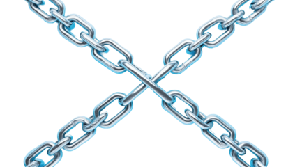 Interlocked Chains: Close-up of four interconnected metal chains forming an 'X' shape, highlighting concepts of strength, connection, and constraint.