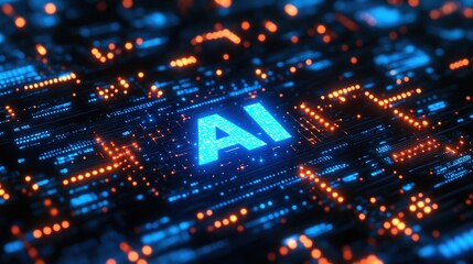 Obraz premium Glowing Blue AI Logo with Futuristic Data Streams, Holographic Displays, Conveying Advanced Technology and Innovation, Man-Machine Boundary Blur, Depth of Field Effect