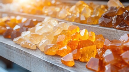 An appealing array of assorted amber gems displayed on a rustic wooden shelf, showcasing their vibrant colors and varied shapes under gentle sunlight in the background.