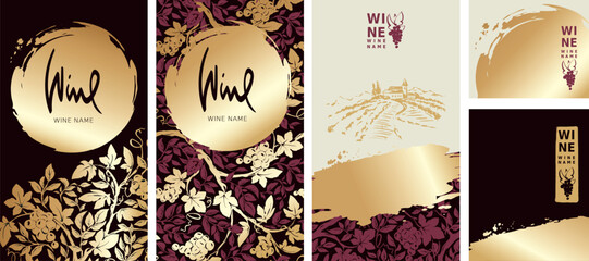 Collection labels for wine. Vector illustration, set of backgrounds with grapes, vineyard landscape and gold strokes. Eastern style, author's hand drawing.	