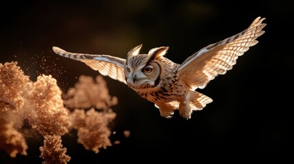 Obraz premium This striking image showcases a majestic owl in mid-flight, capturing its beauty and grace as it soars through the atmosphere with feathers illuminated against the backdrop.