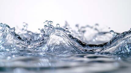 Clear liquid cascade edge close-up, white backdrop, ultra-high resolution, insanely detailed, hyper-realistic fluid dynamics.