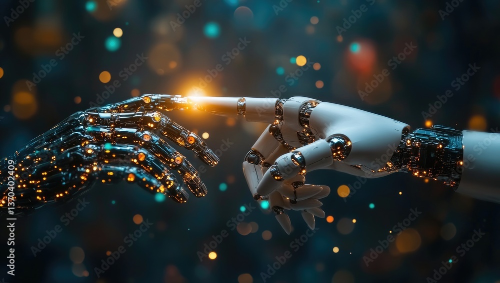Aufkleber robotic hands reach out in a dark futuristic bokeh background with white and metallic accents and gl