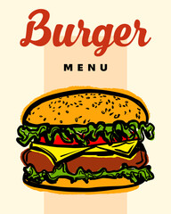 Tasty Hand-Drawn Burger Poster for Restaurant Menu - Colorful Cheeseburger Illustration