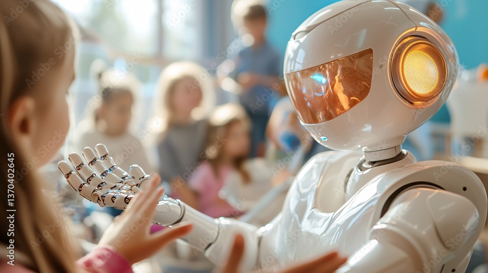 Poster ai robot with conference and education concept. child interacting with friendly robot in classroom