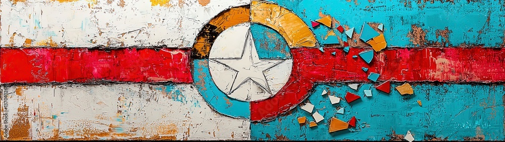 Aufkleber abstract mixed media art depicting shattered elements in vivid colors and textures with unique compo