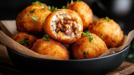 A delightful close-up of crispy fried balls filled with meat served in a black bowl, highlighting the appealing textures and inviting nature of comfort food at its best.