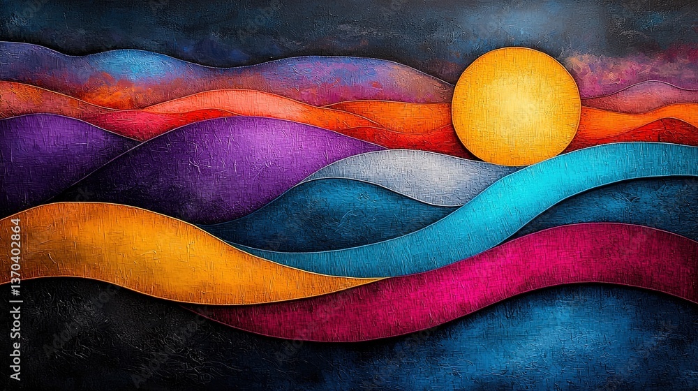 Poster vibrant abstract illustration of overlapping threads under a large sun setting over stylized colorfu