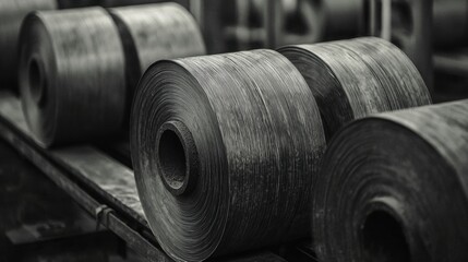 Close-up View of Industrial Rolls of Black Material in Factory Setting