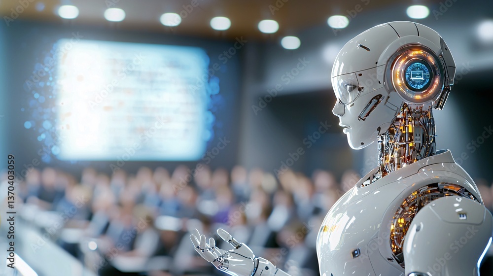 Poster ai robot with conference and education concept. advanced robot presenting at a business conference