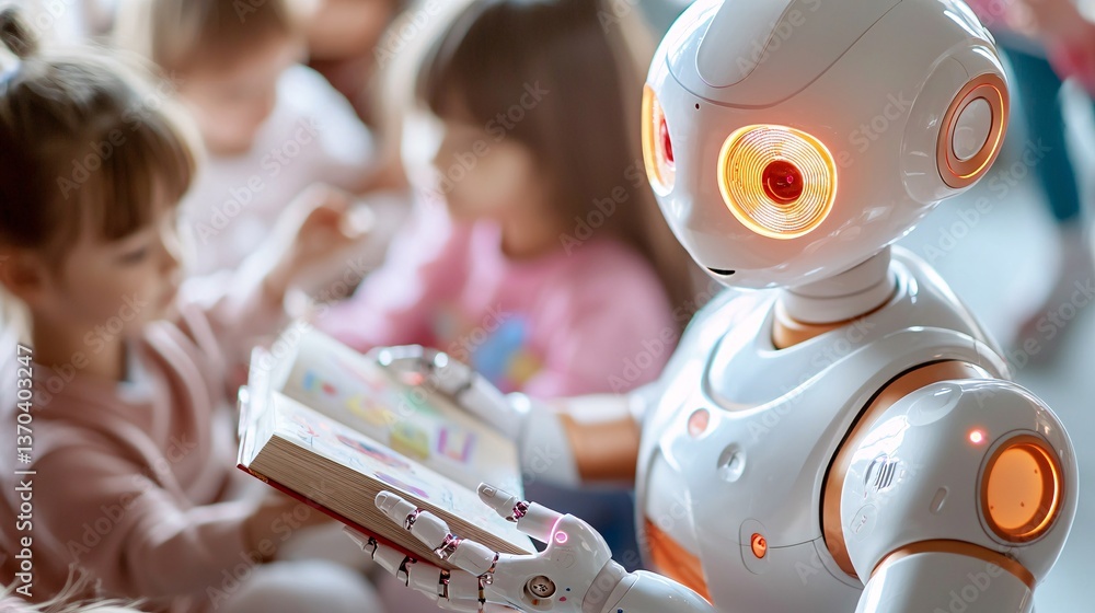 Poster ai robot with conference and education concept. robot reading to children in classroom setting