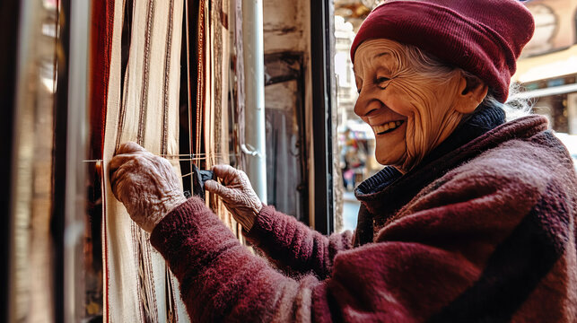 Smiling Elderly Woman Weaving Outdoors