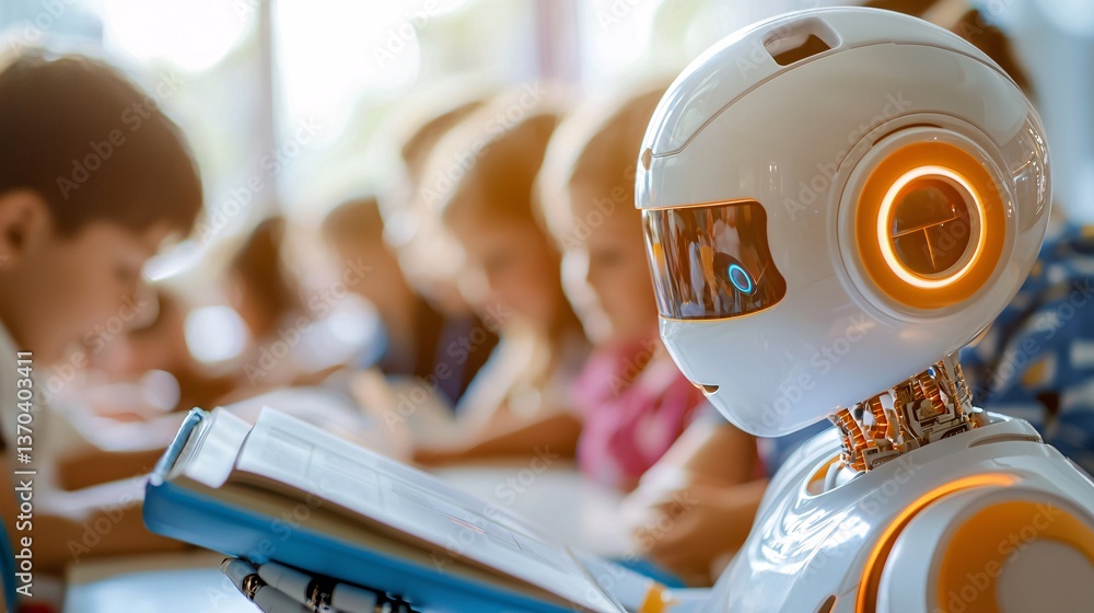 Poster ai robot with conference and education concept. friendly robot assisting children in classroom setti