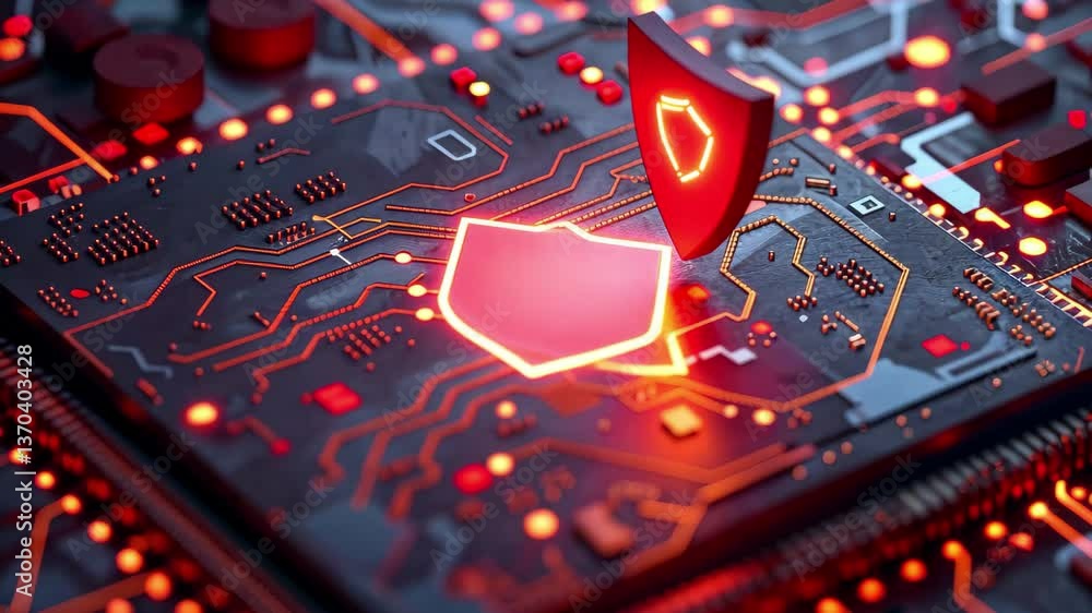 Aufkleber a detailed circuit board with intricate pathways and a prominent glowing red shield, representing cy