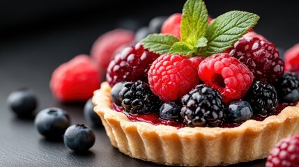 An exquisite berry tart is presented beautifully, featuring a glossy topping of fresh blackberries and raspberries, perfect for any gourmet dessert lover looking for inspiration.