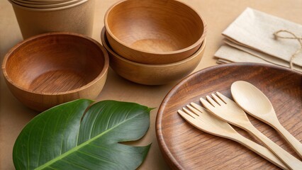 Wooden bowls, plates, spoons, and forks arranged on a beige background with a green leaf. Eco friendly and sustainable tableware