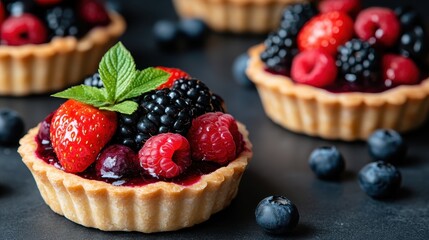 A gourmet berry tart that showcases an exquisite arrangement of fresh raspberries, blueberries, and strawberries, highlighting the essence of summer in every bite.