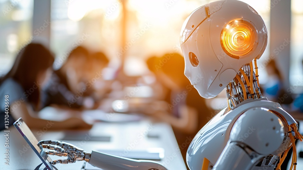 Poster ai robot with conference and education concept. futuristic robot in classroom setting with students